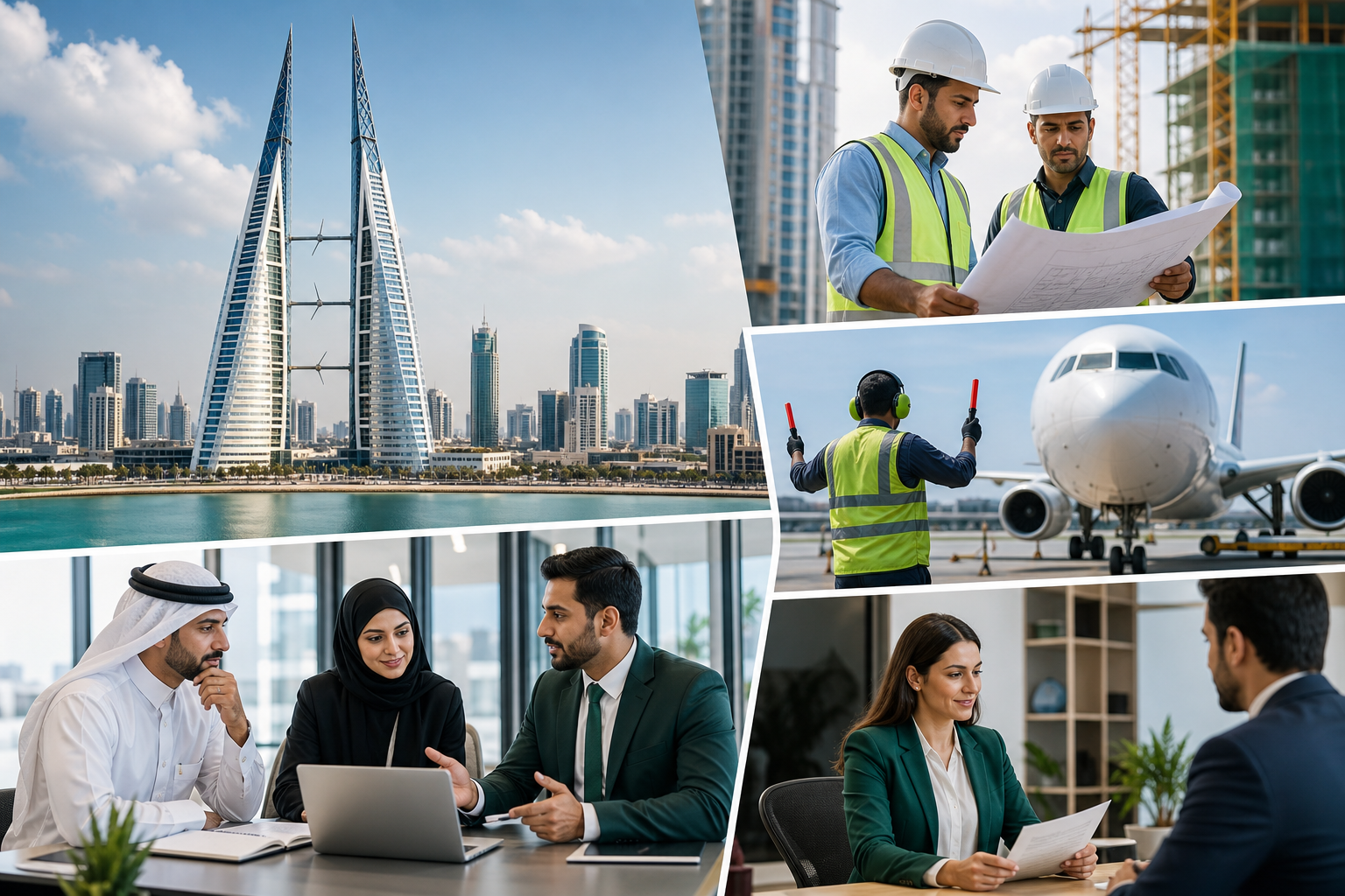 Bahrain skyline with workforce, aviation, and corporate HR scenes